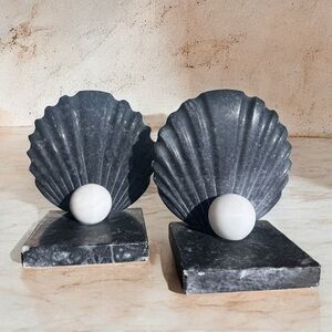 Rare Vintage Marble Alabaster Postmodern Art Deco Clam Shell Pearl Bookends (2)